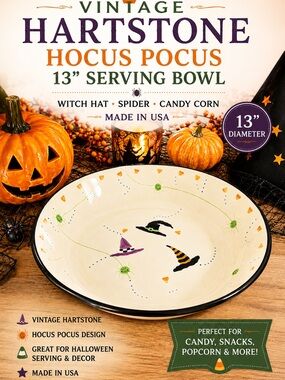 Vintage Hartstone Hocus Pocus Halloween 13” Serving Bowl Witch Hats USA